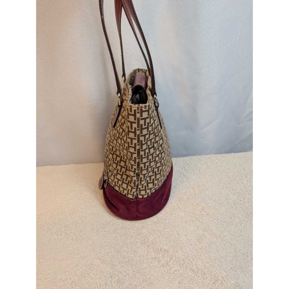Tommy Hilfiger Monogram Tote Bag Burgundy Leather Trim Shoulder‎ Bag - Picture 3 of 11